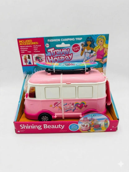 Set rulota van de vacanta cu papusa si accesorii plaja, surf, roz 20x22 cm