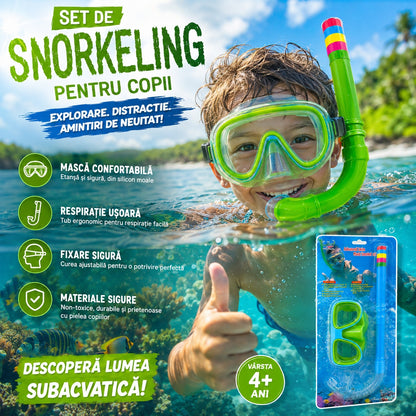 Set Snorkeling pentru Copii Verde – Mască și Tub Respirator pentru Înot și Scufundări