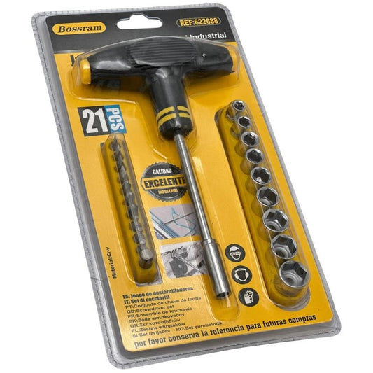 Set surubelnita in T Bossram 21 piese cu biti si tubulare, calitate industriala pentru lucrari precise,
