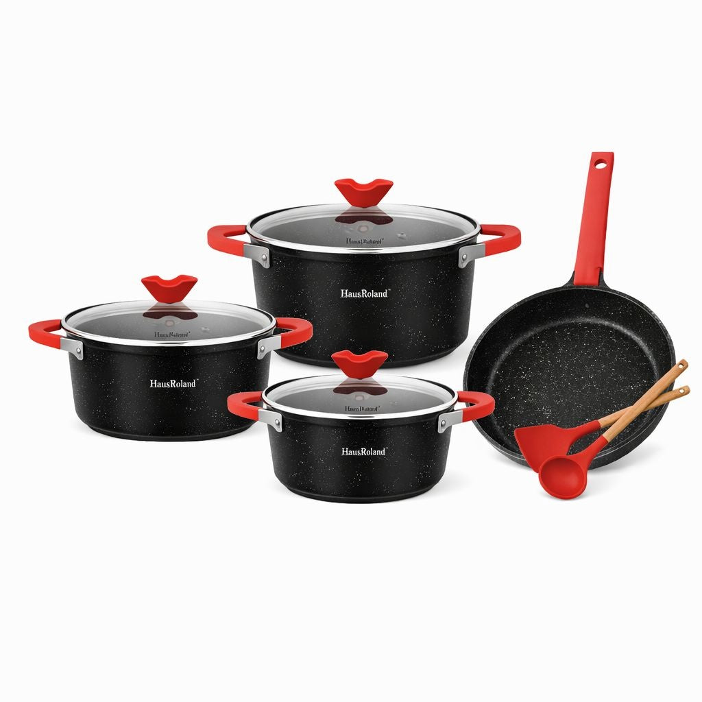 Set tigăi și oale cu înveliș granit antiaderent, capace sticlă, 7 piese, Negru