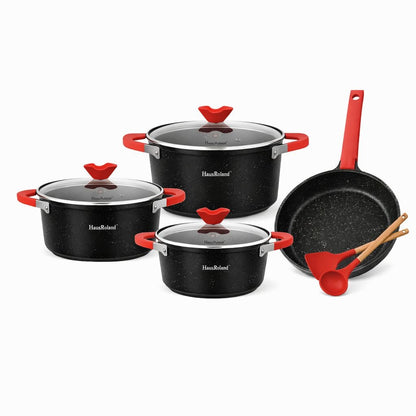 Set tigăi și oale cu înveliș granit antiaderent, capace sticlă, 7 piese, Negru