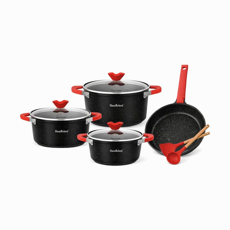 Set tigăi și oale cu înveliș granit antiaderent, capace sticlă, 7 piese, Negru