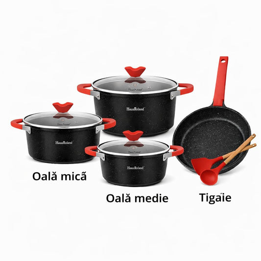 Set tigăi și oale cu înveliș granit antiaderent, capace sticlă, 7 piese, Negru