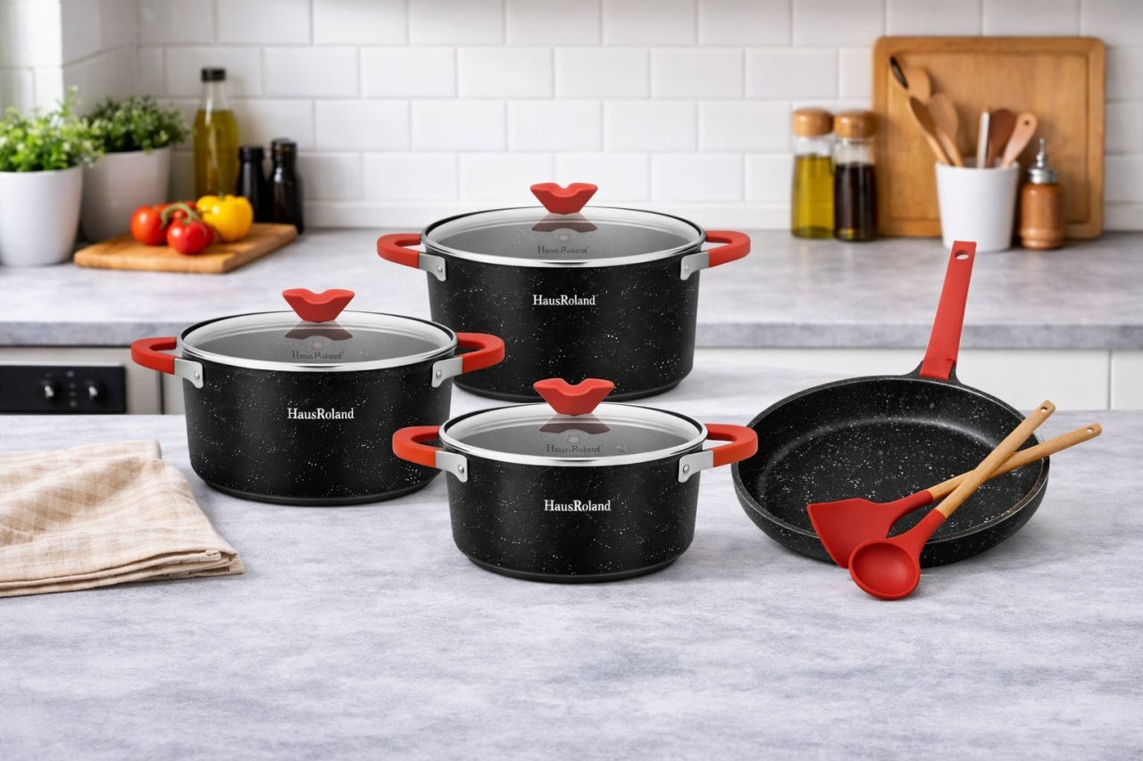 Set tigăi și oale cu înveliș granit antiaderent, capace sticlă, 7 piese, Negru