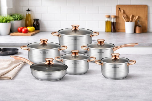 Set tigăi și oale din inox cu capace din sticlă, 10 piese, compatibil inducție, Argintiu cu bronze