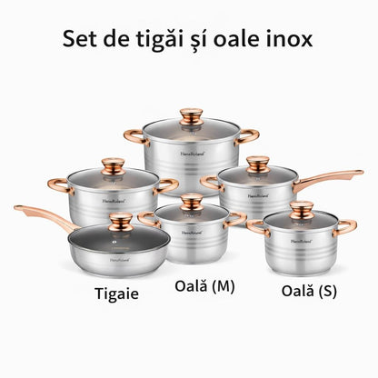 Set tigăi și oale din inox cu capace din sticlă, 10 piese, compatibil inducție, Argintiu cu bronze