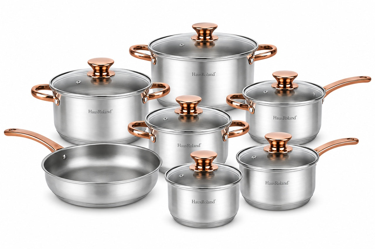 Set tigăi și oale din inox cu capace din sticlă, 10 piese, compatibil inducție, Argintiu cu bronze