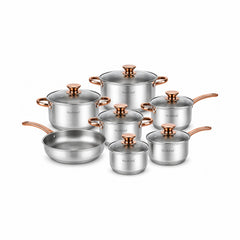 Set tigăi și oale din inox cu capace din sticlă, 10 piese, compatibil inducție, Argintiu cu bronze