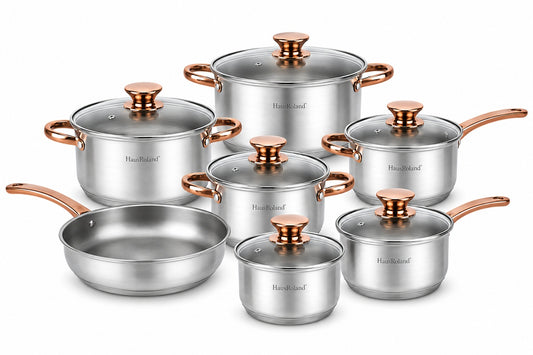 Set tigăi și oale din inox cu capace din sticlă, 10 piese, compatibil inducție, Argintiu cu bronze