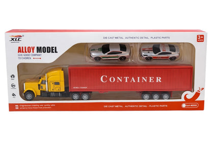 Set tir jucărie din metal cu piese din plastic, model roșu, cu 2 mașinuțe incluse, dimensiuni 34x15x5 cm