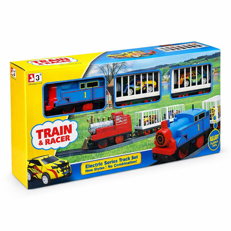 Set tren electric albastru cu locomotiva, vagoane si masini pullback, 27.5 cm