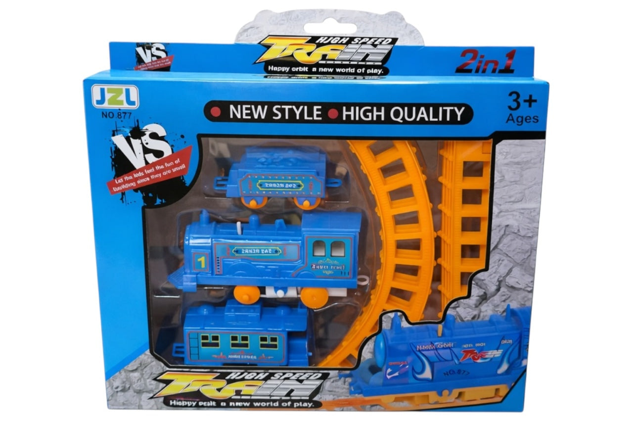 Set tren electric albastru cu șine din plastic, pentru copii 3+ ani