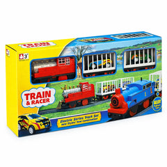 Set tren electric cu sina si masinute pullback rosu Train & Racer 37x17.5 cm