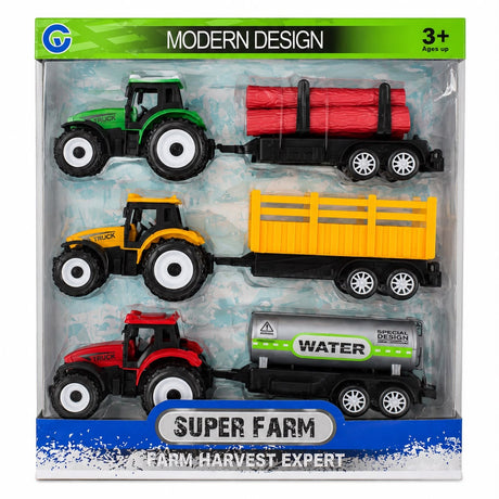 Set Utilaje Fermă pentru Copii 3+ – 3 Tractoare cu Remorci, Super Farm Harvest Expert