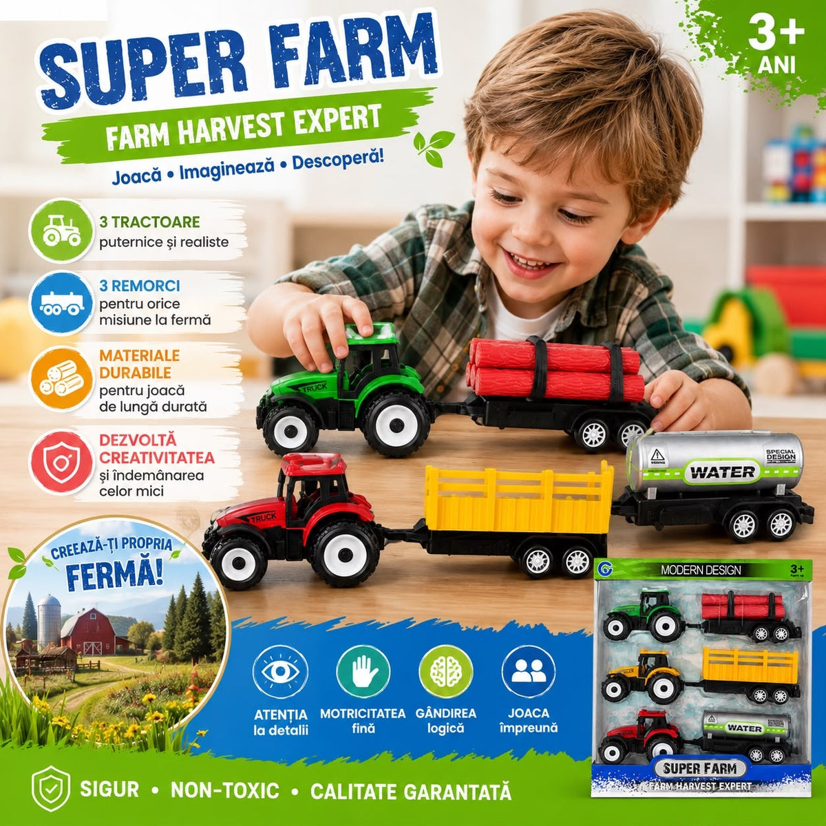 Set Utilaje Fermă pentru Copii 3+ – 3 Tractoare cu Remorci, Super Farm Harvest Expert