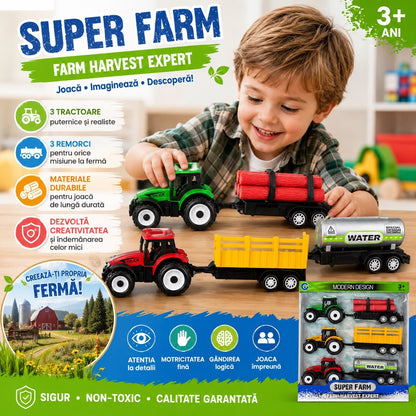 Set Utilaje Fermă pentru Copii 3+ – 3 Tractoare cu Remorci, Super Farm Harvest Expert