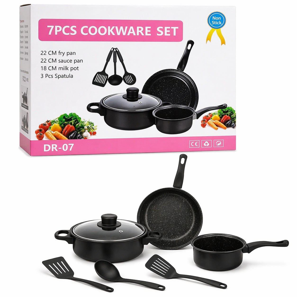 Set vase gatit 7 piese antiaderent, tigaie, cratita, ustensile incluse
