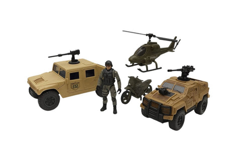 Set vehicule militare cu elicopter, jeep, motocicleta si soldat , jucarie copii 3+