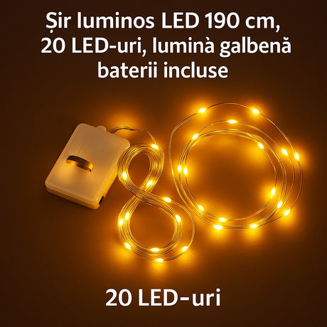 Sir luminos LED 190 cm, 20 LED-uri, lumina galbena, baterii incluse