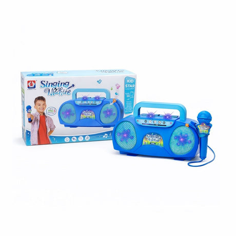 Sistem karaoke pentru copii cu microfon, lumini si muzica, model retro albastru