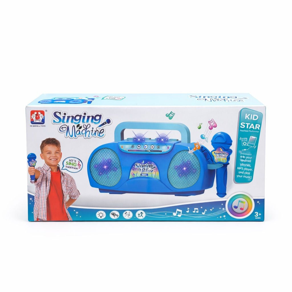 Sistem karaoke pentru copii cu microfon, lumini si muzica, model retro albastru