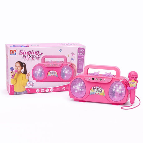 Sistem karaoke pentru copii cu microfon, lumini si muzica, model retro roz