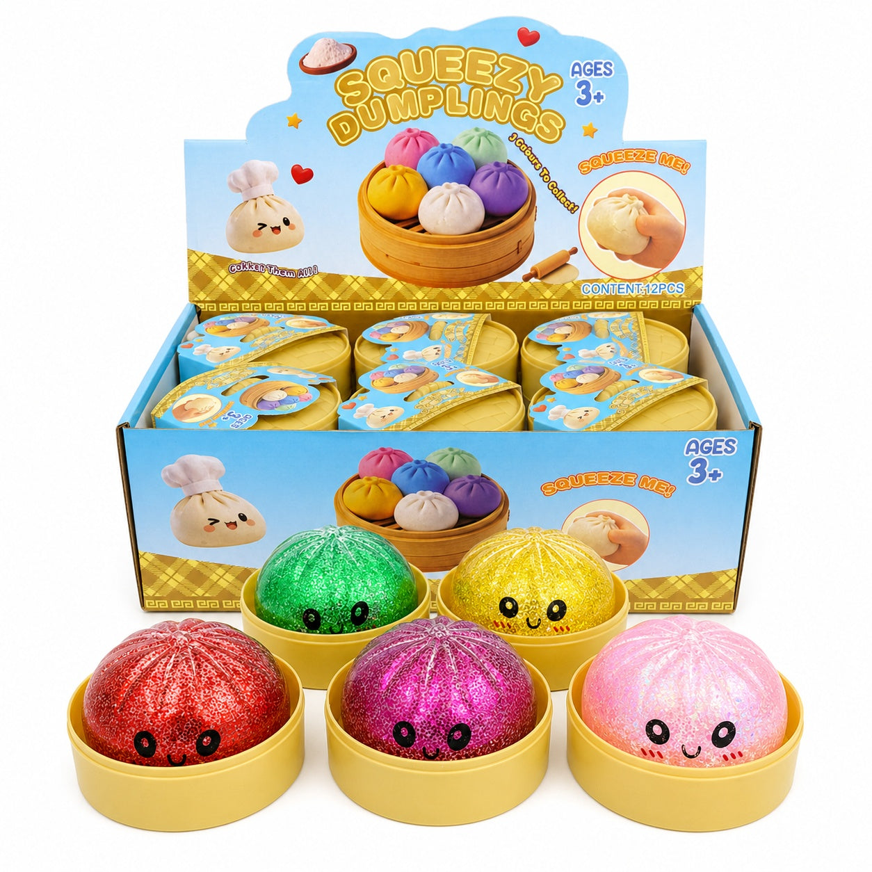 Squishy Dumplings cu Sclipici și Biluțe Gel 8,5 cm în Cutie Tip Bambus – Jucărie Antistres, Model Aleatoriu