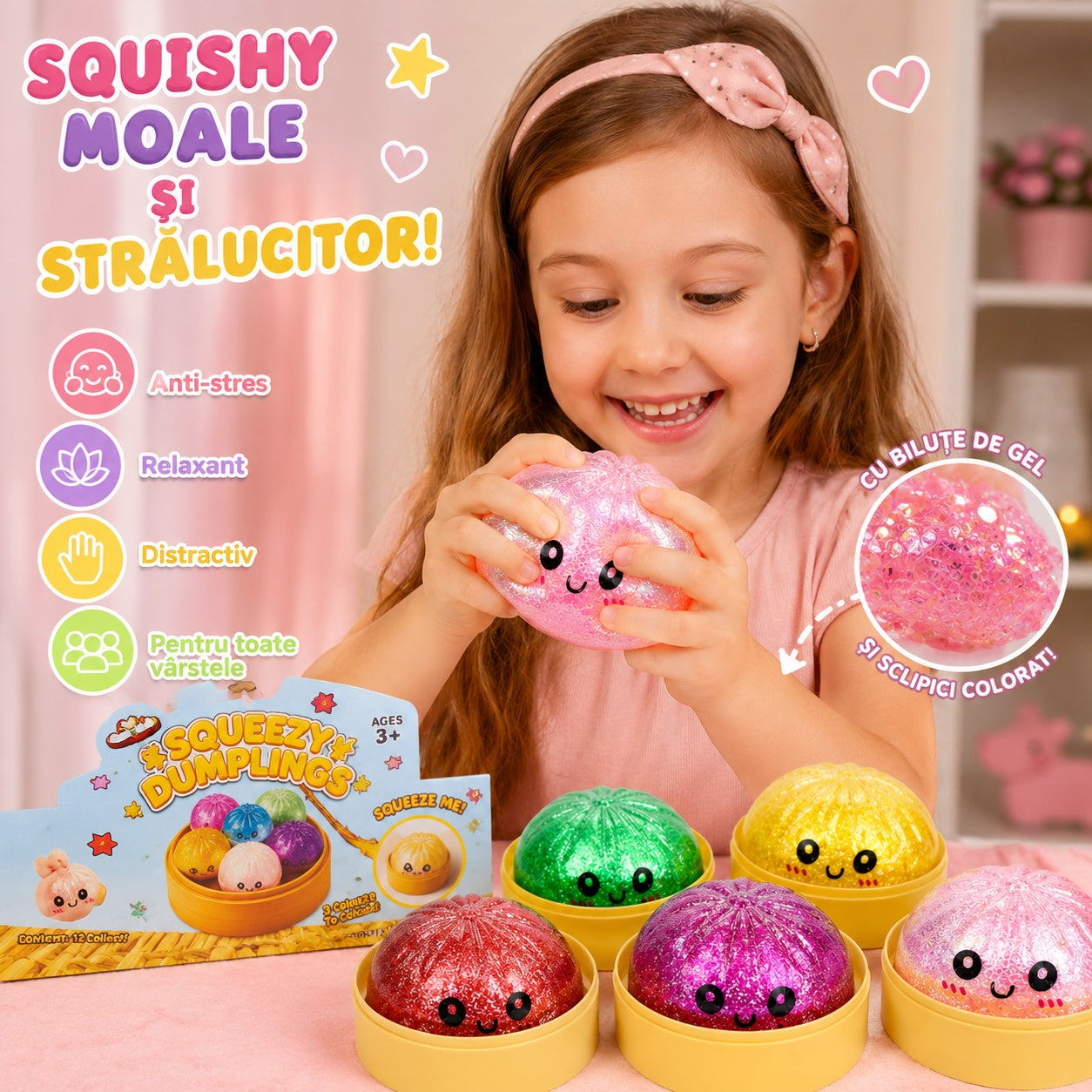 Squishy Dumplings cu Sclipici și Biluțe Gel 8,5 cm în Cutie Tip Bambus – Jucărie Antistres, Model Aleatoriu