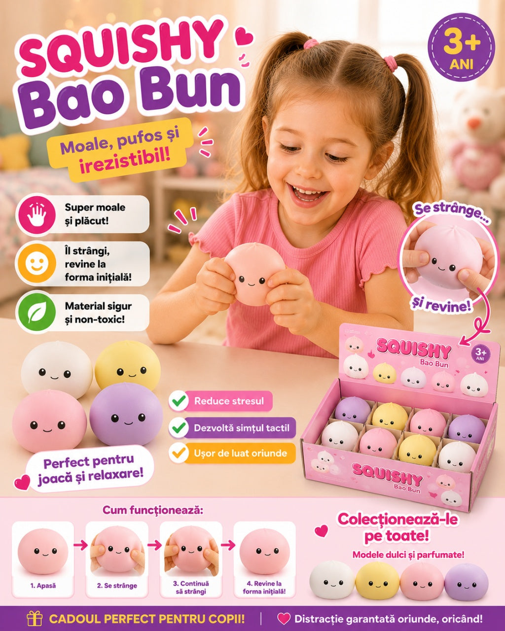 Squishy Mini Dumpling Antistres pentru Copii – Jucărie Moale și Elastică Tip Dumpling