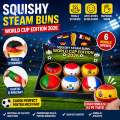 Squishy Steam Buns ediție fotbal – Jucărie Antistres Moale și Elastică, 6 Modele Colecționabile