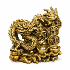 Statuetă Dragon Auriu Feng Shui cu Monede și Lingouri – Suvenir al Prosperității și Norocului