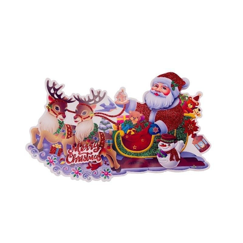 Sticker decorativ Craciun 3D cu sclipici 24x13 cm Mos si reni