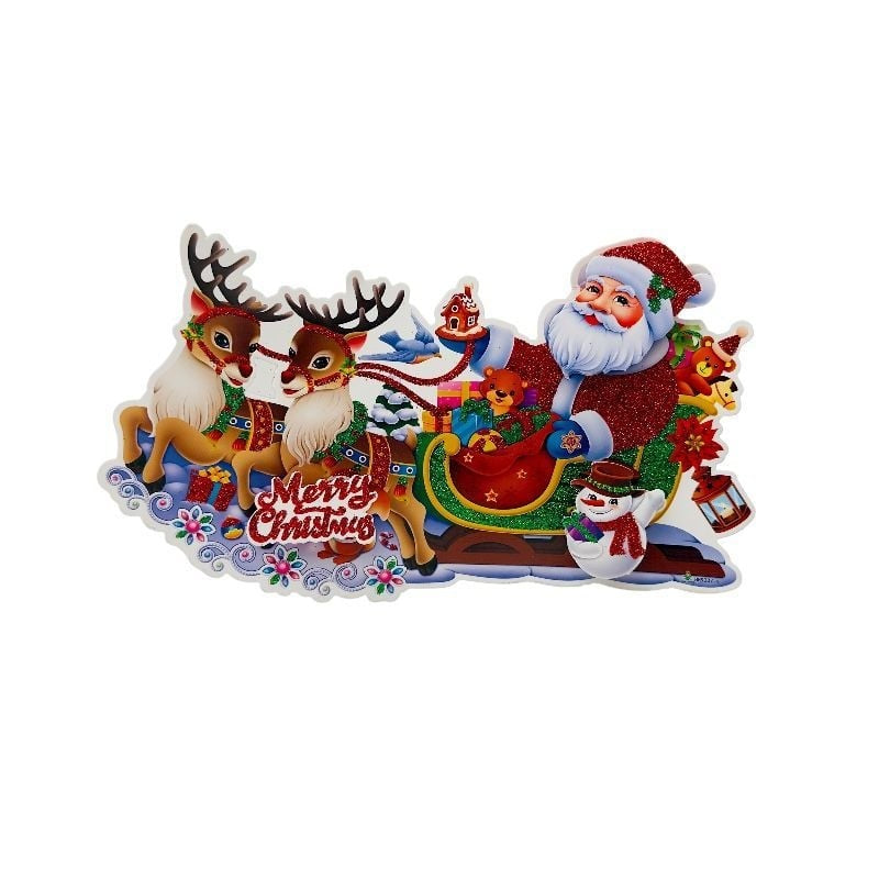 Sticker decorativ Craciun 3D cu sclipici 24x13 cm Mos si reni