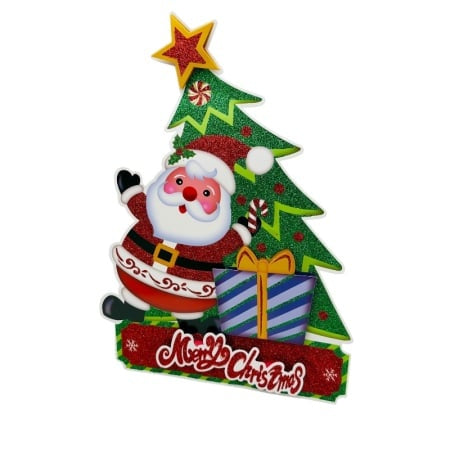 Sticker decorativ Craciun brad 3D cu Mos Craciun si cadou 40x28 cm