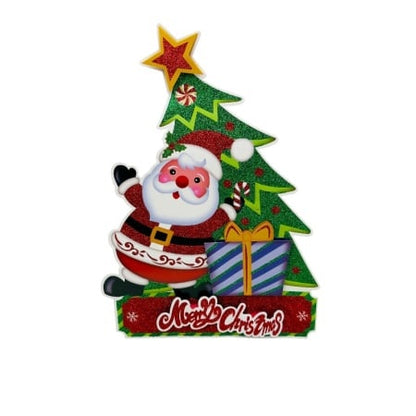 Sticker decorativ Craciun brad 3D cu Mos Craciun si cadou 40x28 cm