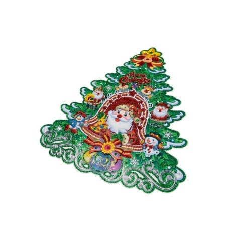 Sticker decorativ Craciun brad 3D cu Mos Craciun si om de zapada 40x32 cm