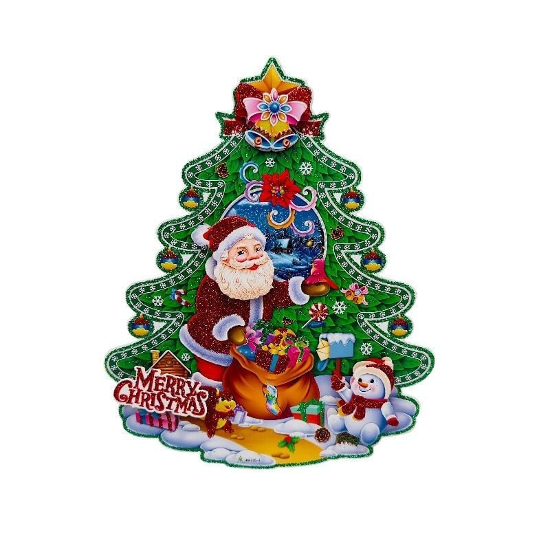 Sticker decorativ Craciun brad 3D cu sclipici 23x18 cm Mos Craciun