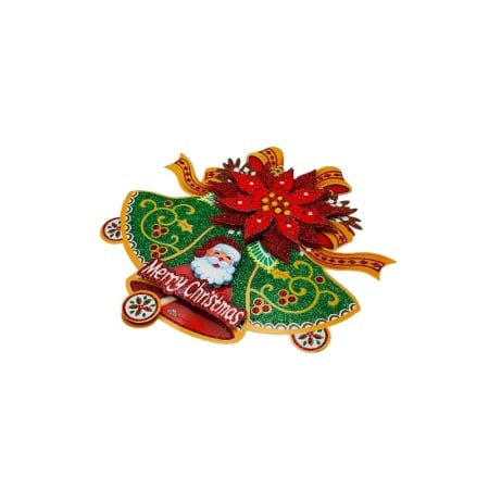 Sticker decorativ Craciun clopot 3D cu poinsettia si Mos Craciun 34x34 cm