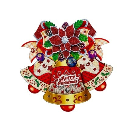 Sticker decorativ Craciun clopote 3D cu poinsettia si sclipici 35x35 cm