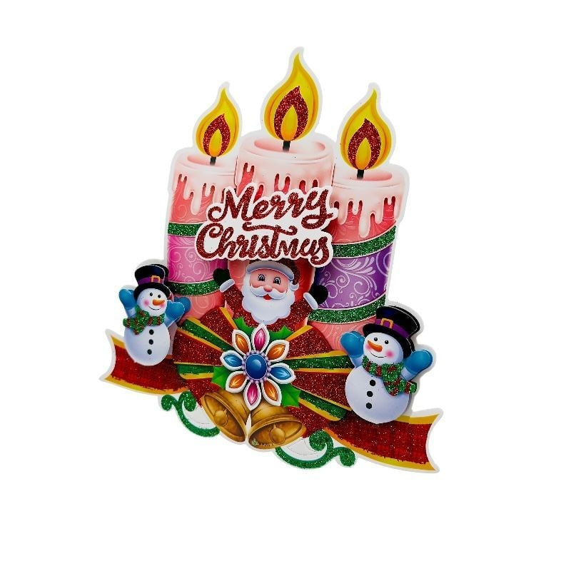 Sticker decorativ Craciun lumanari 3D cu Mos Craciun si oameni de zapada 23x22 cm
