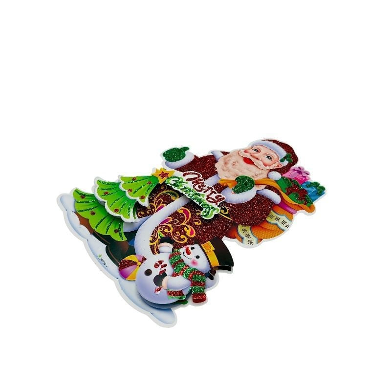 Sticker decorativ Craciun Mos Craciun 3D cu brad si om de zapada 23x14 cm