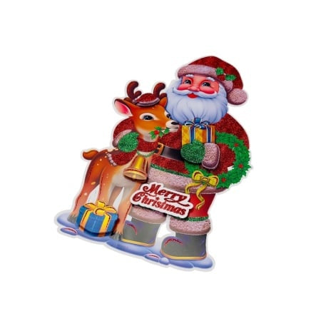 Sticker decorativ Craciun Mos Craciun cu ren si cadouri 3D 40x24 cm