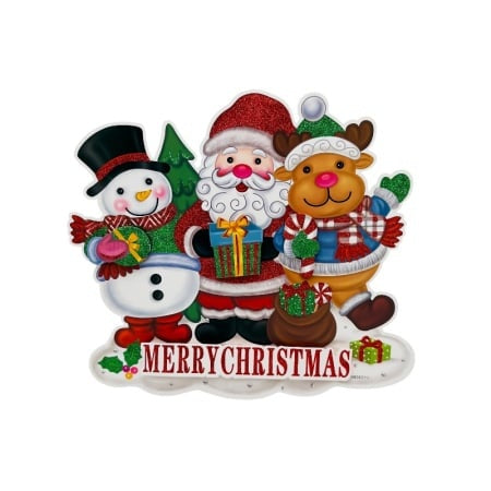 Sticker decorativ Craciun Mos, om de zapada si ren 3D cu sclipici 35x38 cm