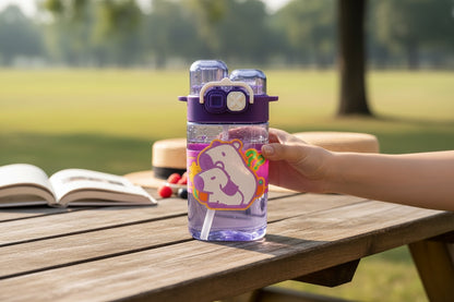 Sticla Apa Copii 600ml cu Bretea si Capac Dublu , Model Ursulet, Mov