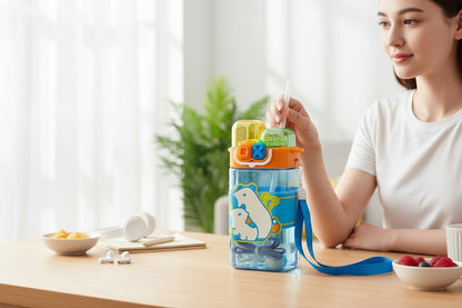 Sticla Apa Copii cu Bretea si Capac Dublu , Model Ursulet, Antiscurgere 600ML