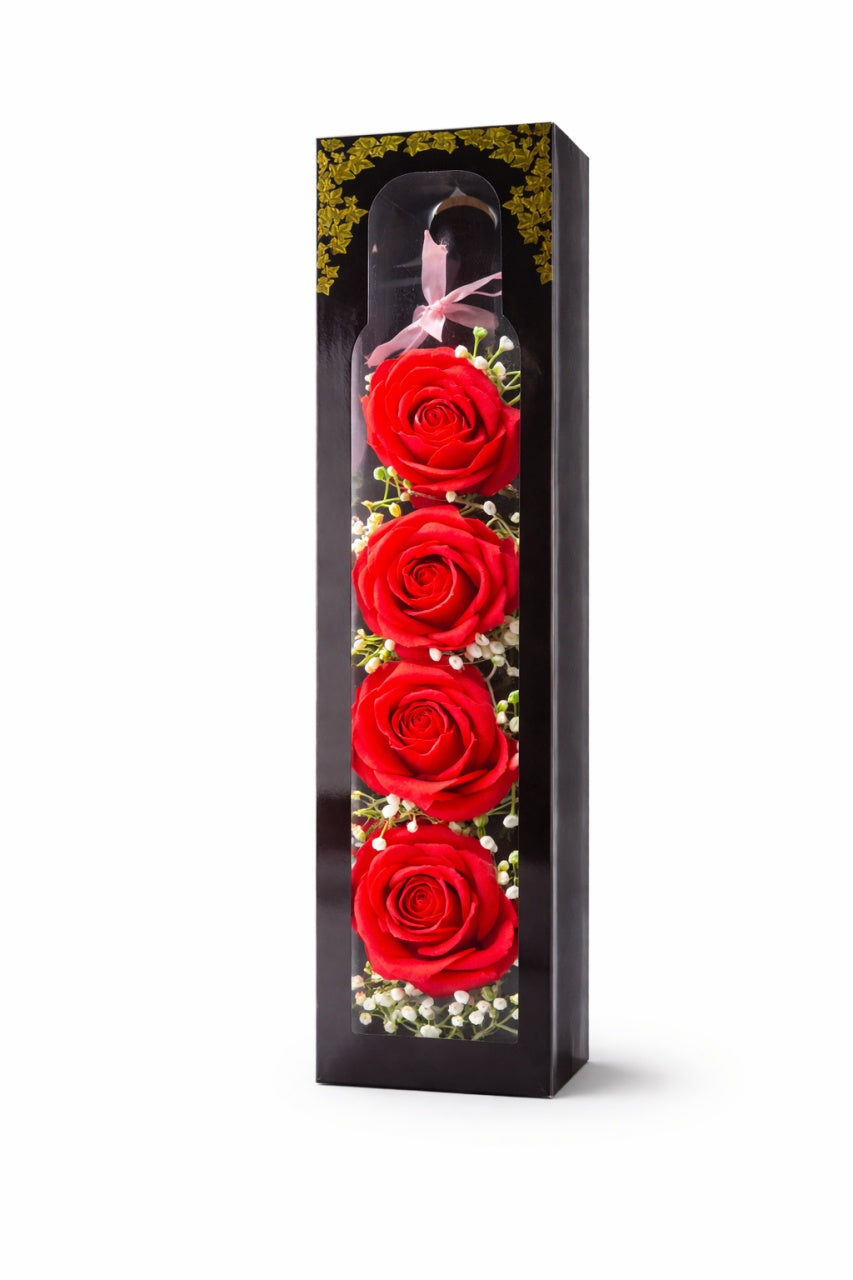 Sticla Decorativa cu 4 Trandafiri Rosii si LED, Cadou Romantic cu Lumina, 31x7x9 cm