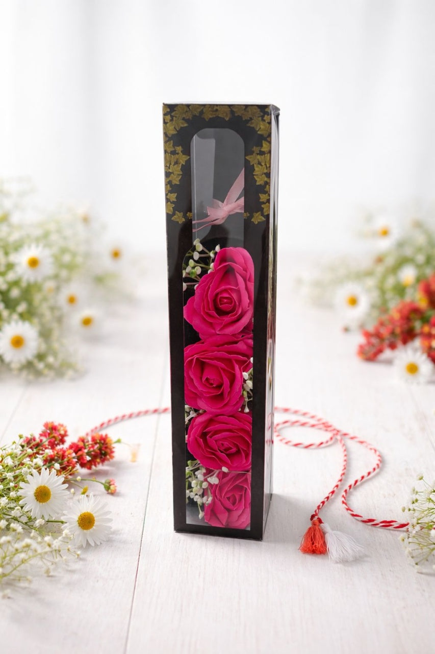 Sticla Decorativa cu 4 Trandafiri Rosii si LED, Cadou Romantic Elegant, 33x7x7 cm