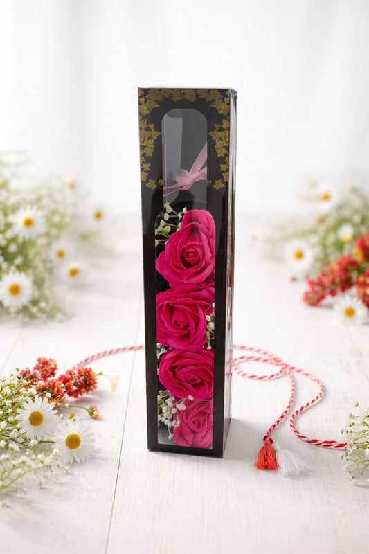 Sticla Decorativa cu 4 Trandafiri Rosii si LED, Cadou Romantic Elegant, 33x7x7 cm