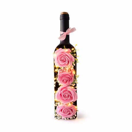 Sticla Decorativa cu 4 Trandafiri Roz si LED, Cadou Romantic Elegant, 31x7x9 cm