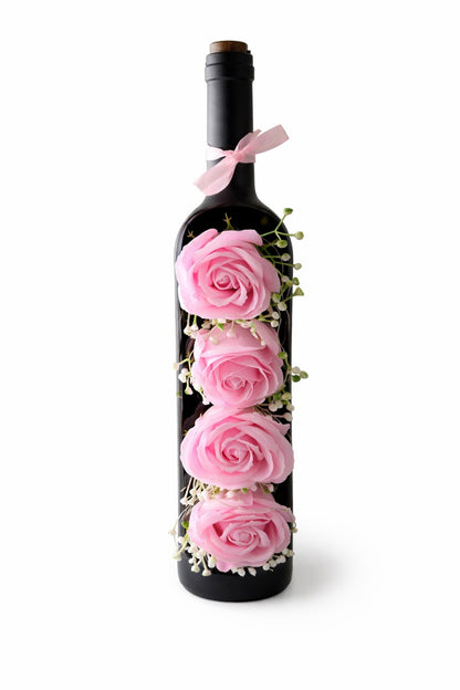 Sticla Decorativa cu 4 Trandafiri Roz si LED, Cadou Romantic Elegant, 31x7x9 cm